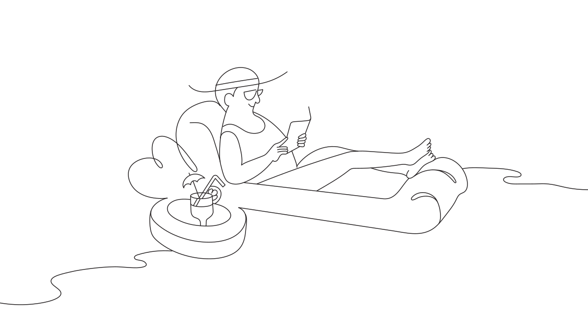 A line illustration of a woman reading on a pool float.