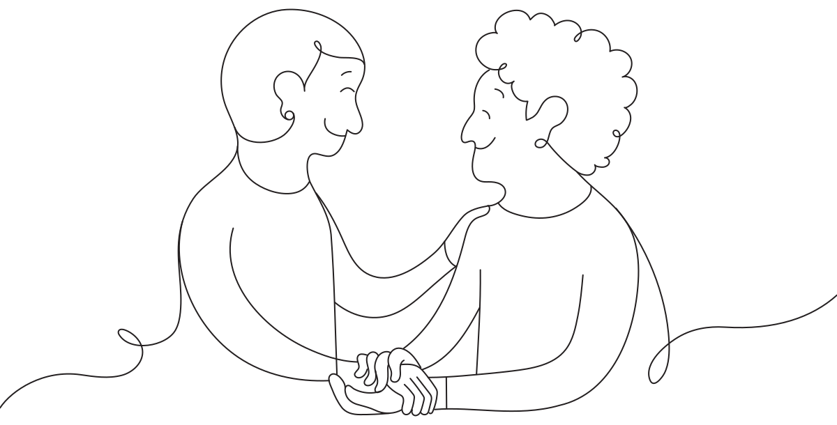 A line illustration of a daughter holding her mom's hand.