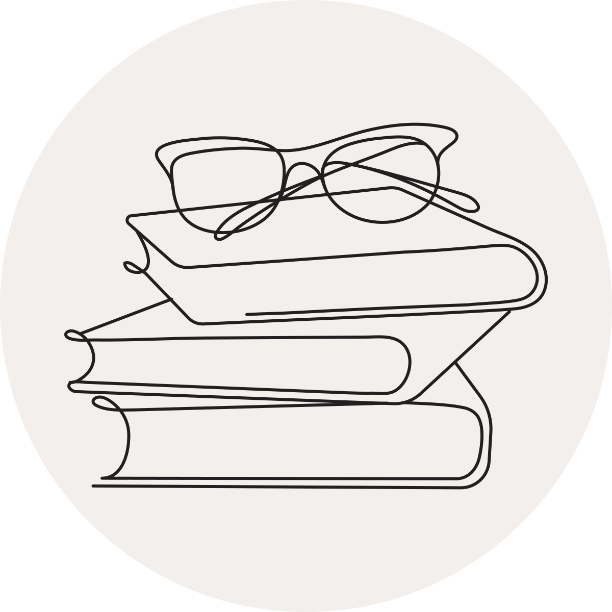 A line illustration of a stack of books and glasses
