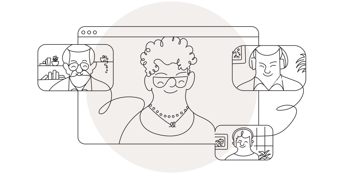 A line illustration of a man and woman looking at a computer together.