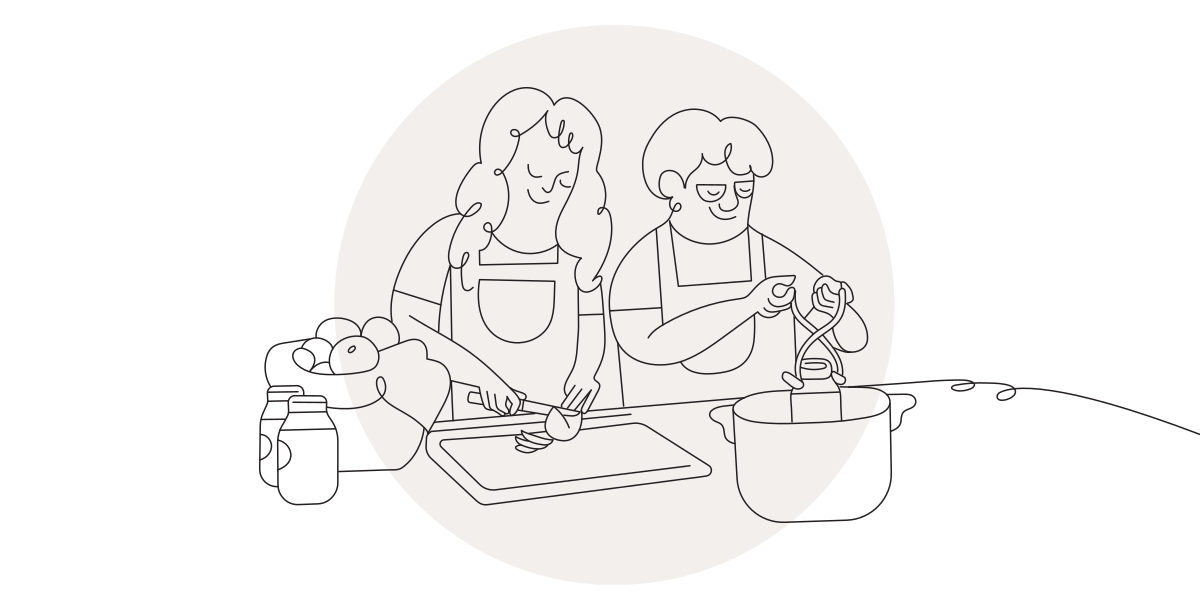 A line illustration of a daughter canning apples with her mom.