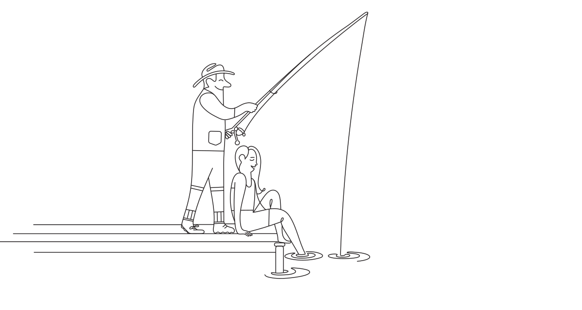 A line illustration of a man and woman fishing.