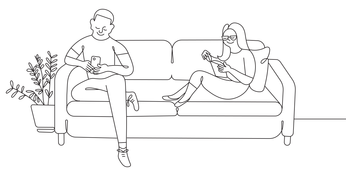 A line illustration of two people reading on a couch.
