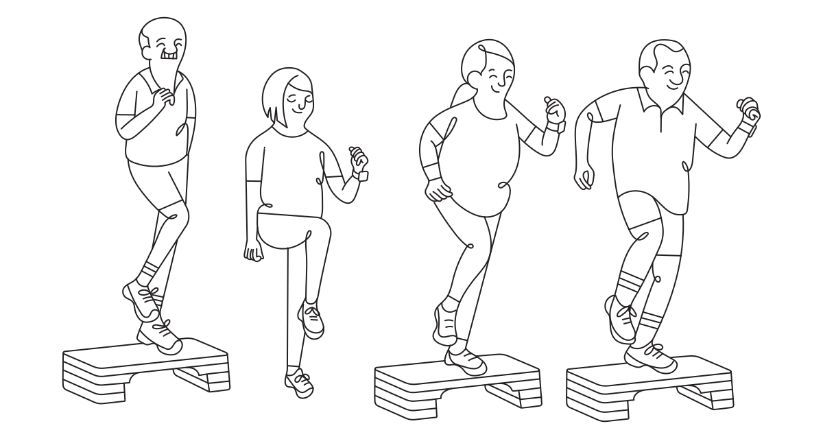 A line illustration of four people doing step aerobics.