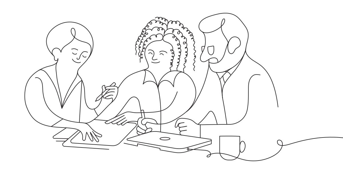 A line illustration of three people discussing paperwork