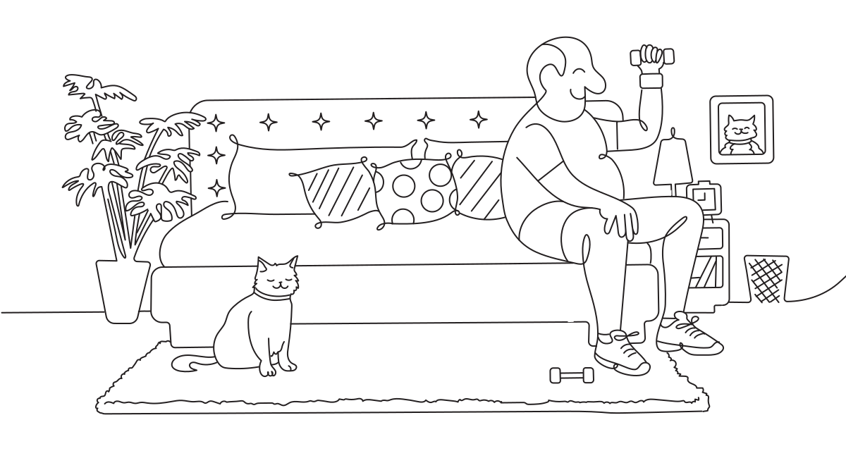 A line illustration of a man sitting on his bed lifting a weight.