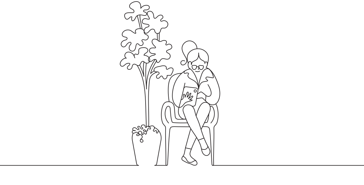 A line illustration of two men driving a golf cart.
