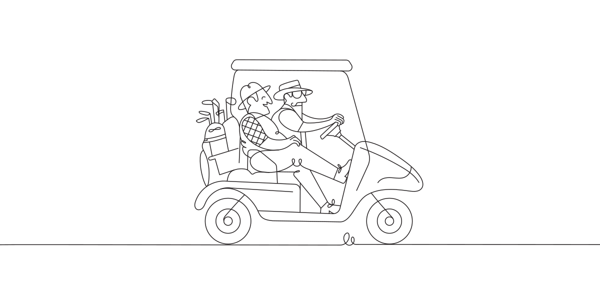 A line illustration of two men driving a golf cart.