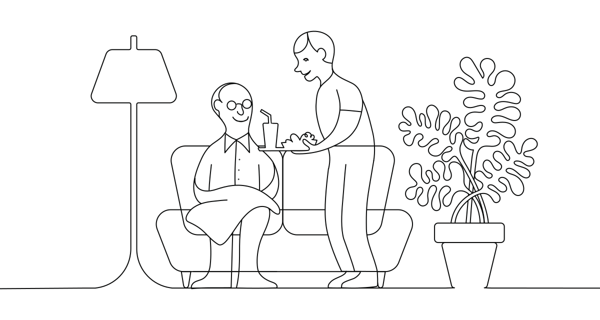 A line illustration of a man being brought food on the couch.